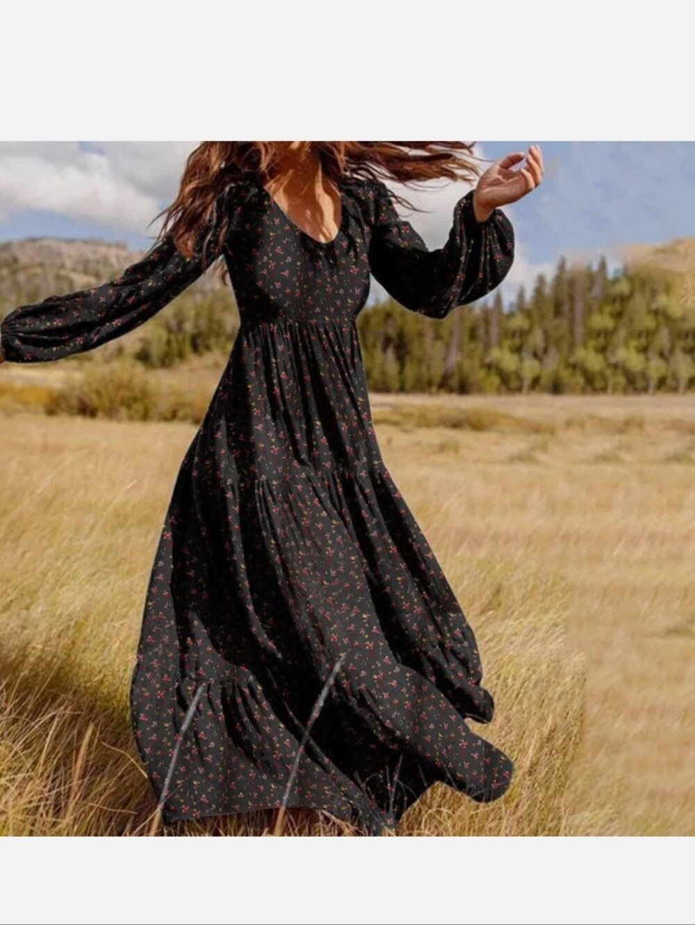 Women's Black Floral Maxi Dress with Long Sleeves Size Medium
